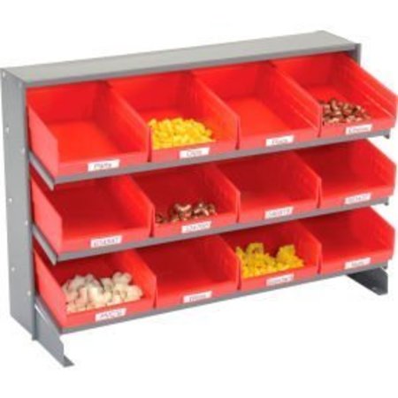GLOBAL EQUIPMENT 3 Shelf Bench Pick Rack - 12 Red Plastic Shelf Bins 8 Inch Wide 33x12x21 603423RD